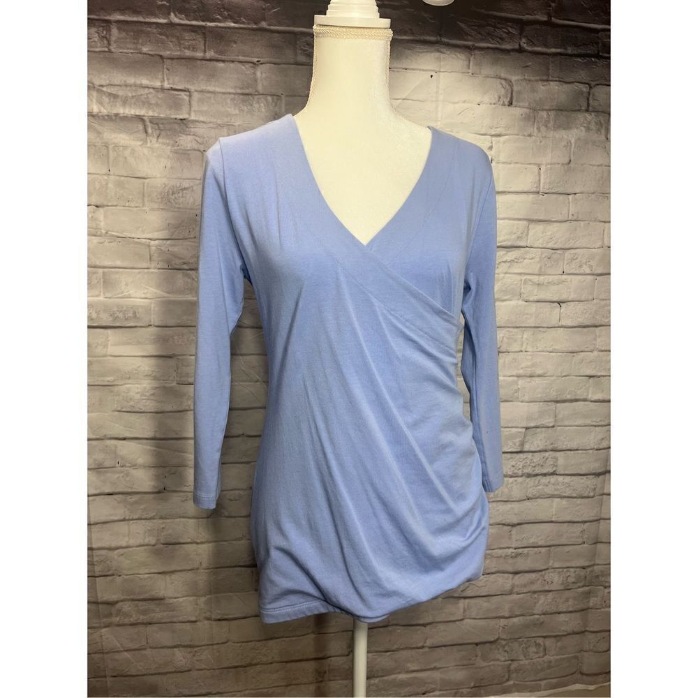 Soft Surroundings Womens Surplice Wrap Top 3/4 Sleeves Blouse Blue